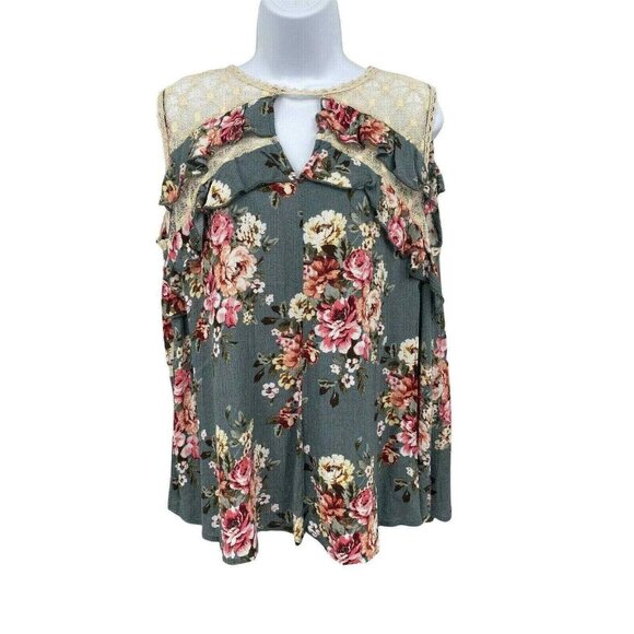 Umgee Tops - Umgee Tunic Top Womens Medium Green Floral Lace Ruffle Sleeveless